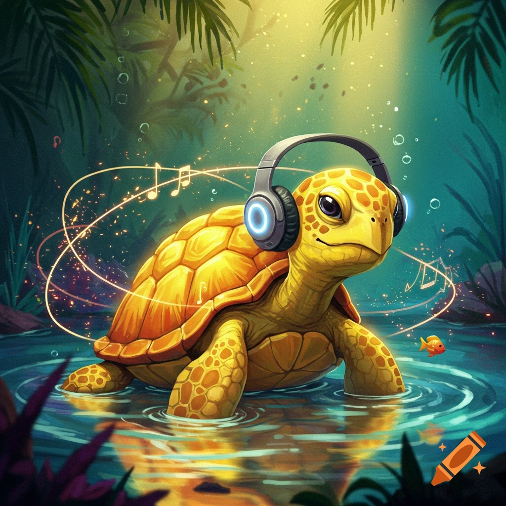 A vibrant cartoon yellow turtle wearing headphones sits in clear water surrounded by lush green jungle foliage with glowing musical notes floating around it.