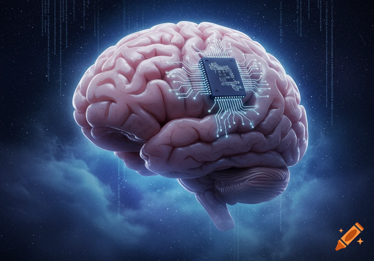 A glowing human brain with a microchip embedded, surrounded by circuits and data streams against a dark, cosmic background.