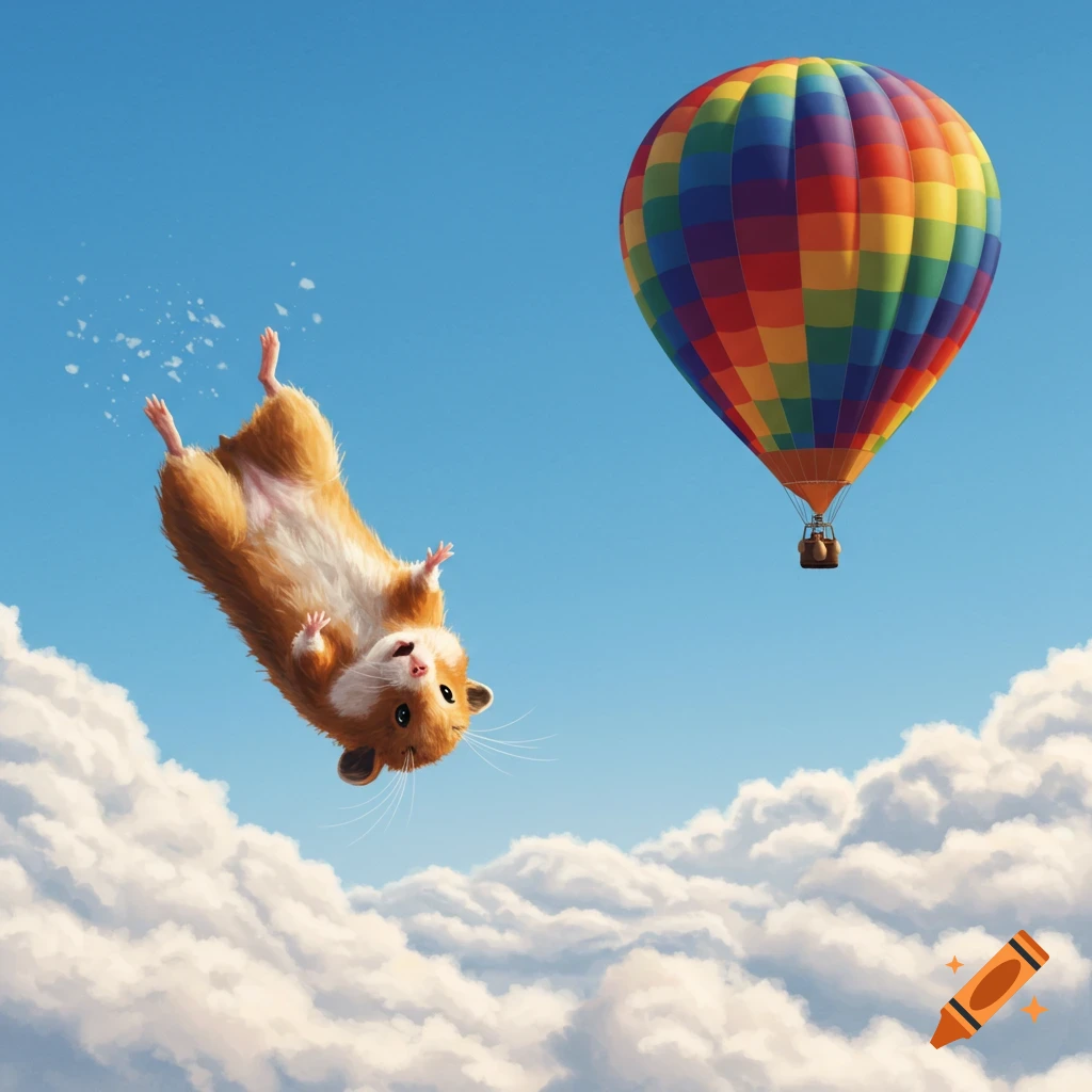 A fluffy brown hamster does a backflip in a bright blue sky, with white clouds below and a colorful hot air balloon floating nearby.