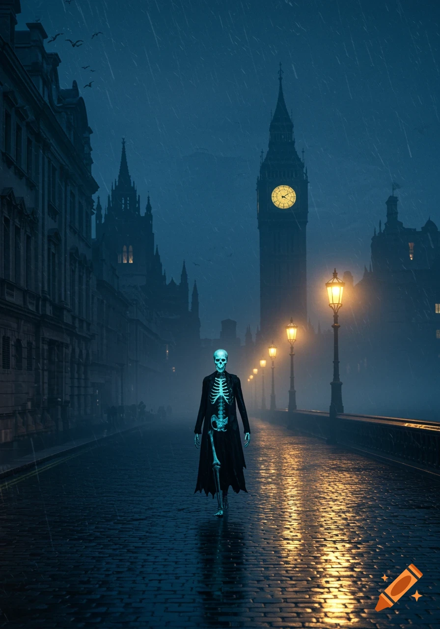 A luminous skeleton in a black coat walks on a wet cobblestone street in a rainy, dark London night, with Big Ben visible in the background.