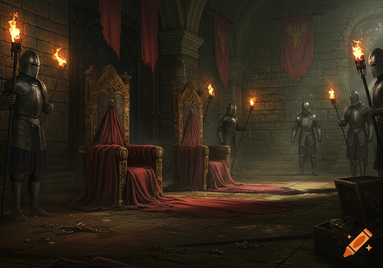 Photorealistic image of a dimly lit, unkempt medieval throne room with two ornate red thrones and armored guards holding torches.