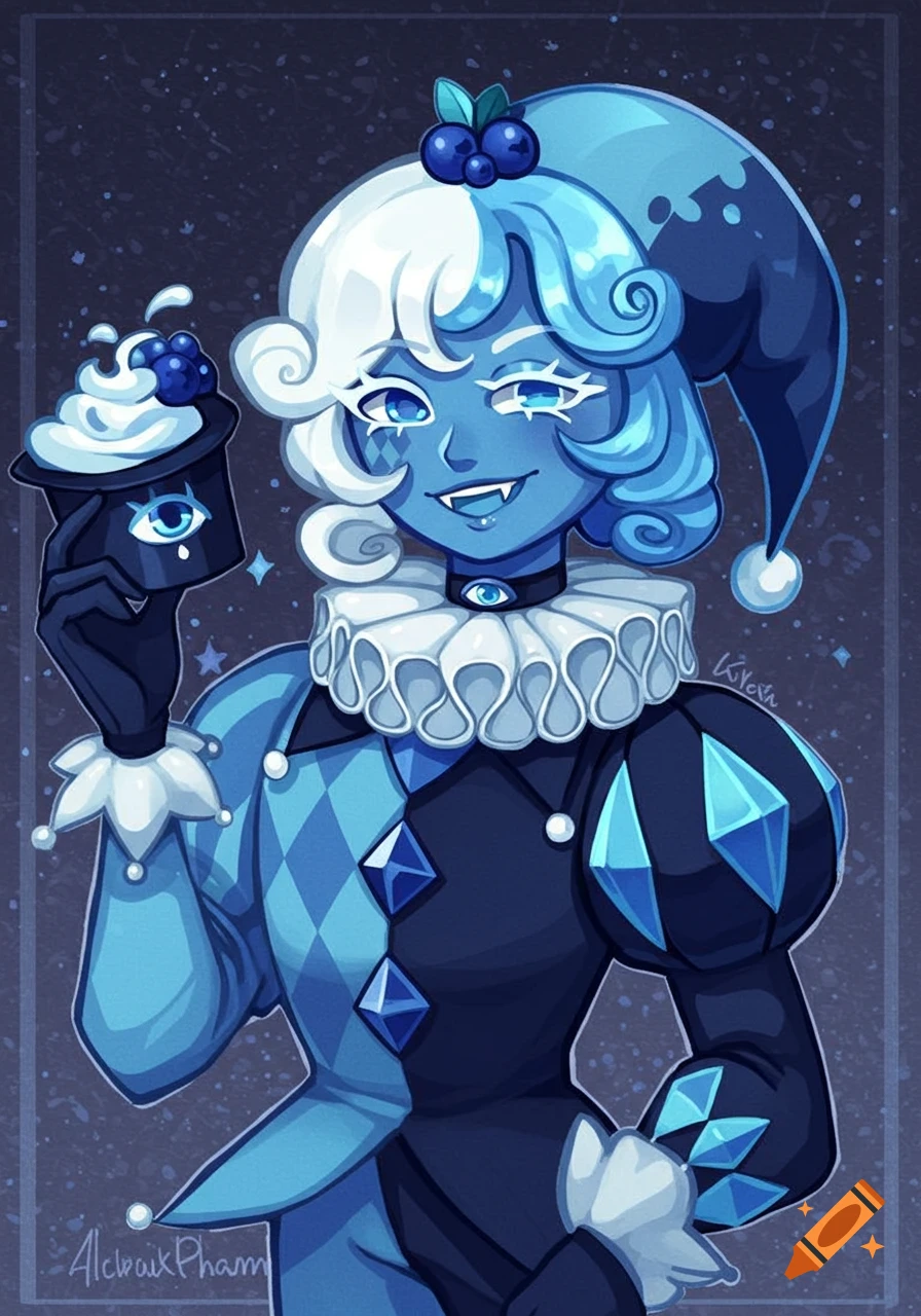 A blue-skinned, anime-style character in a jester outfit and hat, holding a cupcake with an eye motif.