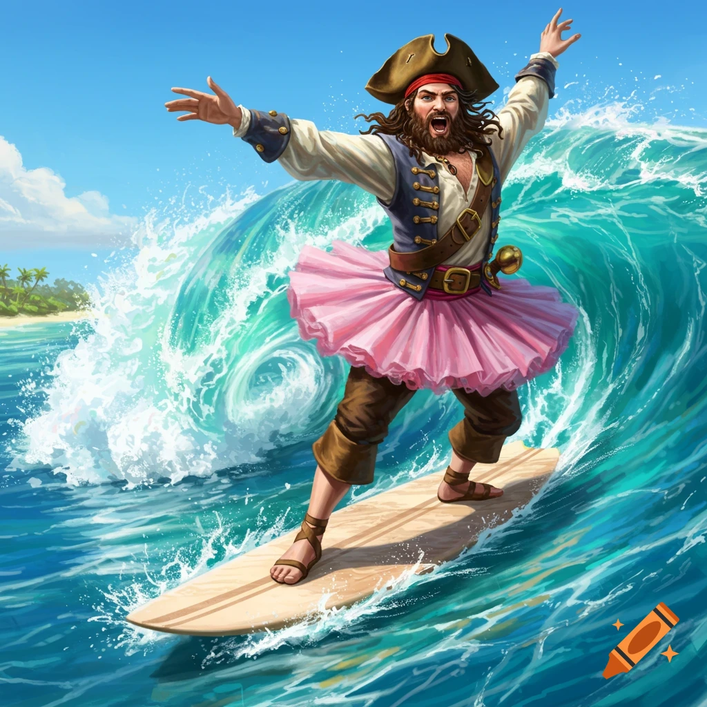 A bearded pirate in a pink tutu surfing a large wave near a tropical island, with arms raised in excitement. Stylized art.