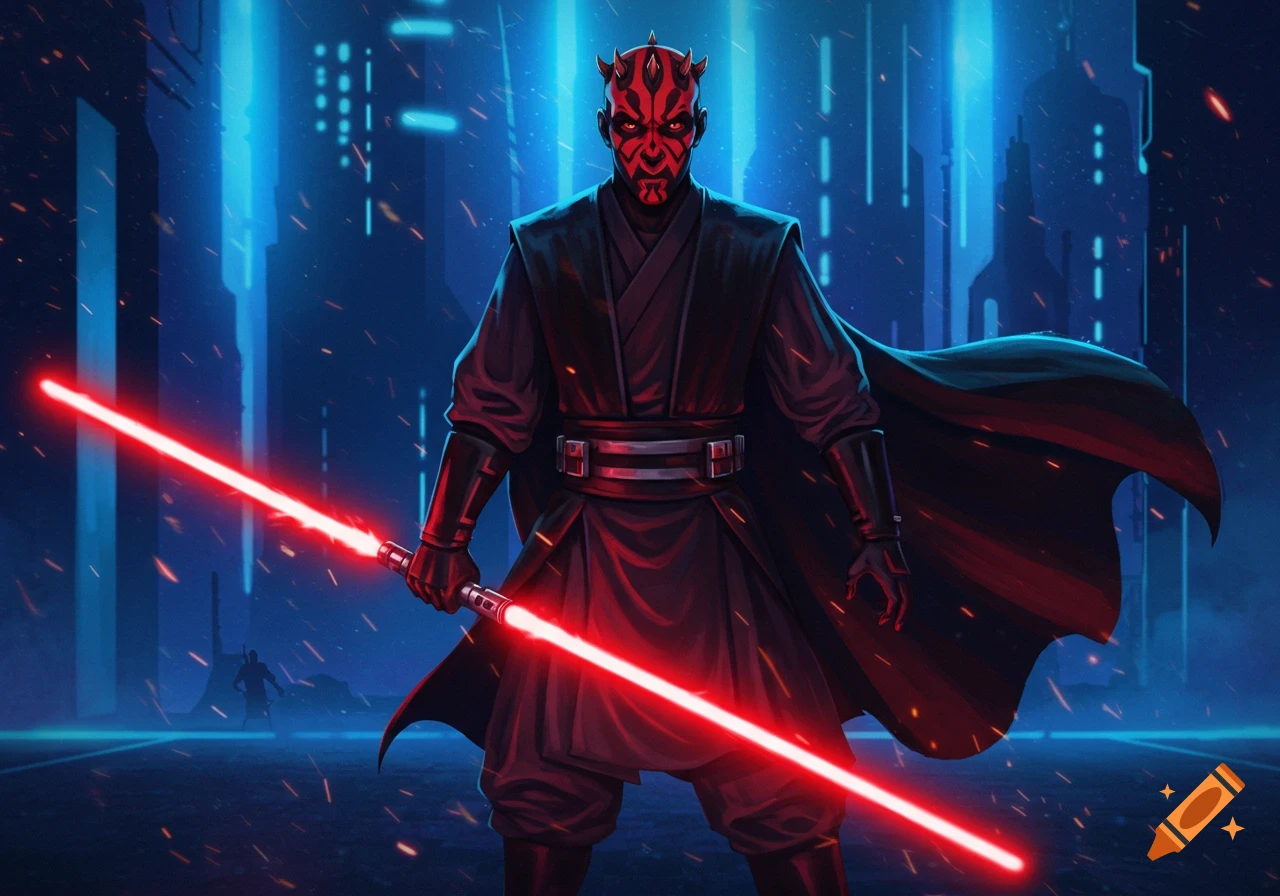 Darth Maul stands holding a double-bladed red lightsaber in a blue neon futuristic city, in an anime art style.