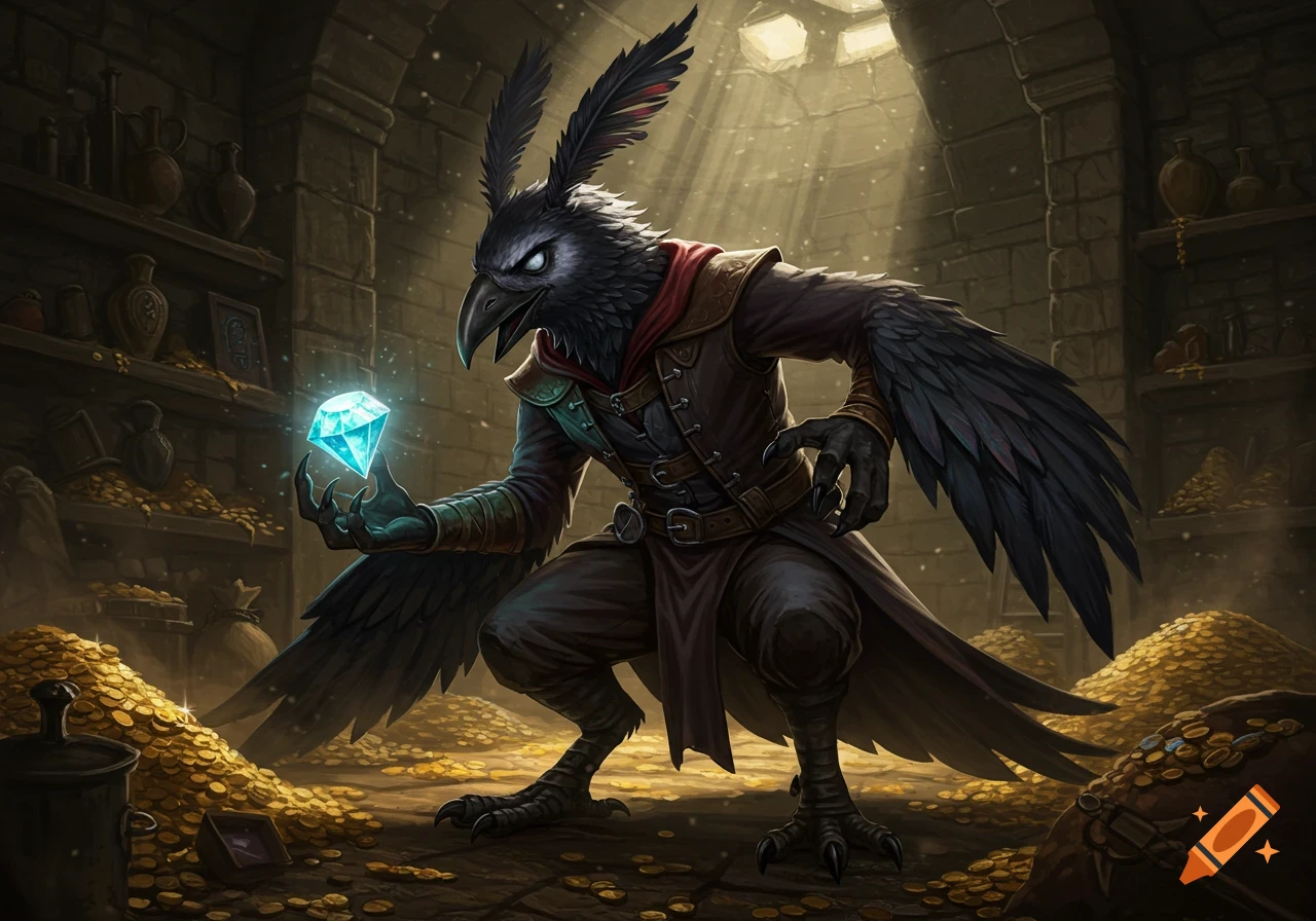 A black Kenku (crow-person) rogue in a dark, treasure-filled dungeon, holding a glowing blue diamond. Digital painting.