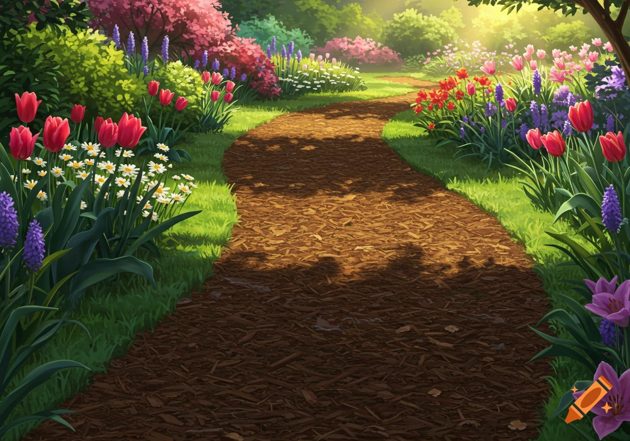 A winding mulch path leads through a vibrant, sunlit garden filled with red tulips, white daisies, and purple flowers.