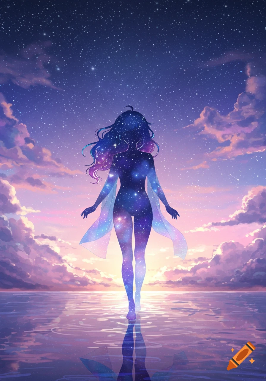 A silhouette of a female figure filled with stars and galaxies stands on water under a cosmic sky with pink and purple clouds, stylized and ethereal.