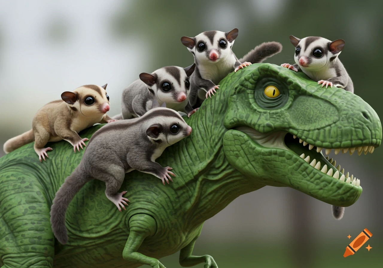 Five photorealistic sugar gliders, some tan and some grey, playing on a textured green T-Rex toy.