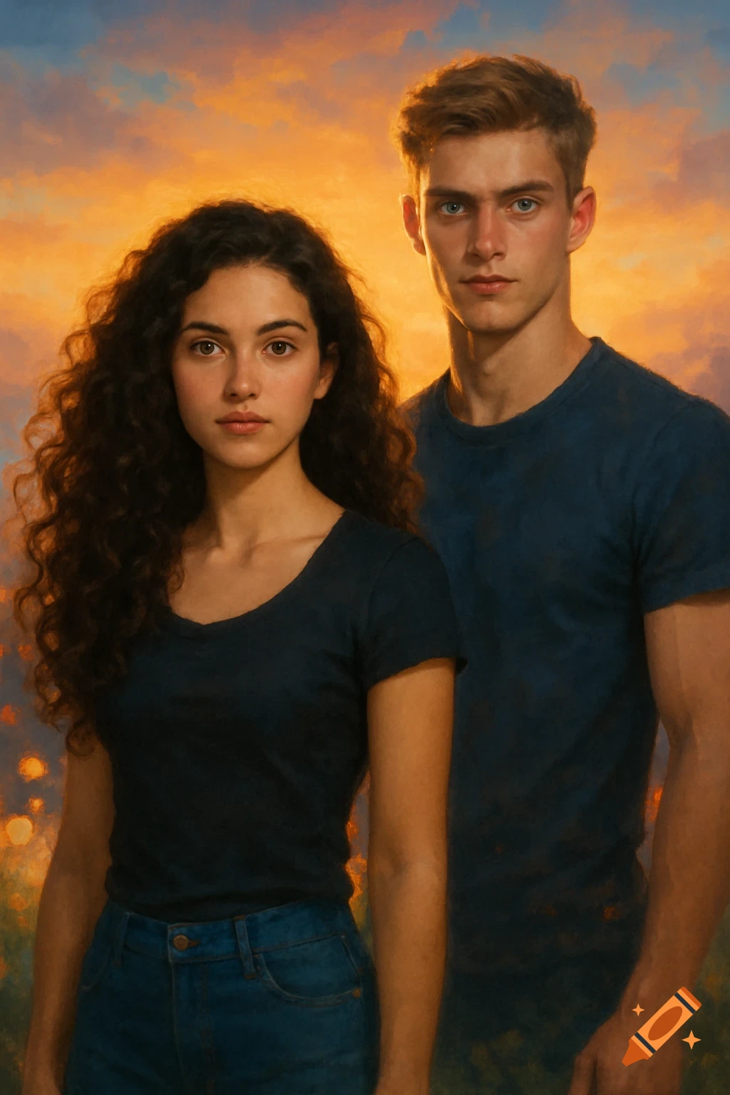 A young woman with long curly dark hair and a young man with blonde hair stand against an orange and blue sky, in a painterly style.