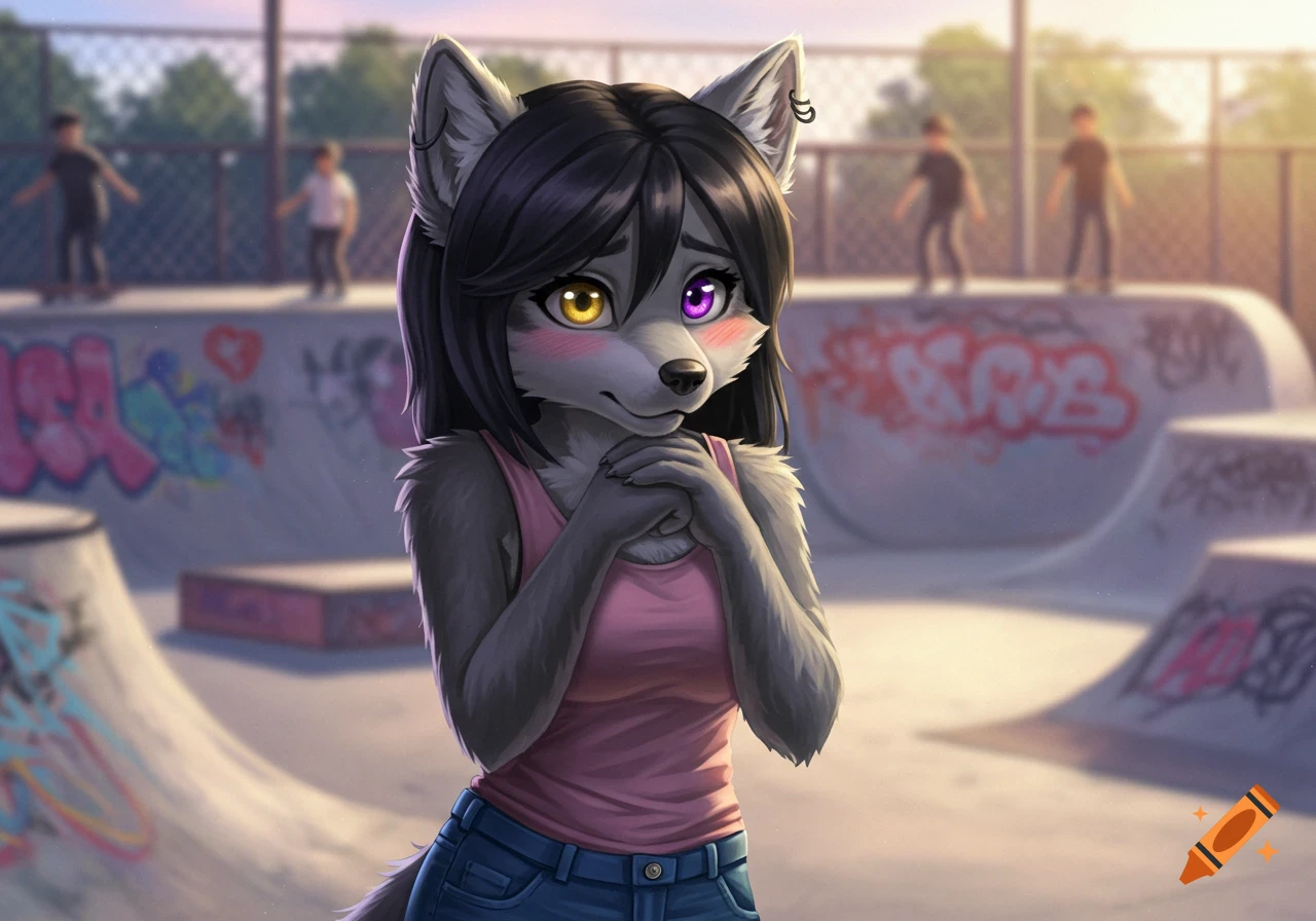 A shy anthropomorphic gray wolf character with yellow and purple eyes, wearing a pink tank top and jeans, stands in a skate park with graffiti.