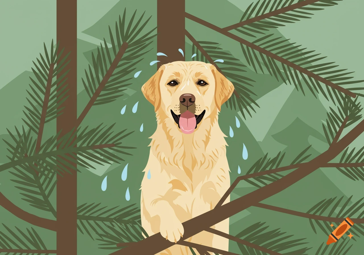 A happy yellow Labrador retriever with water drops on its head, sitting in a pine tree. Illustrated style.