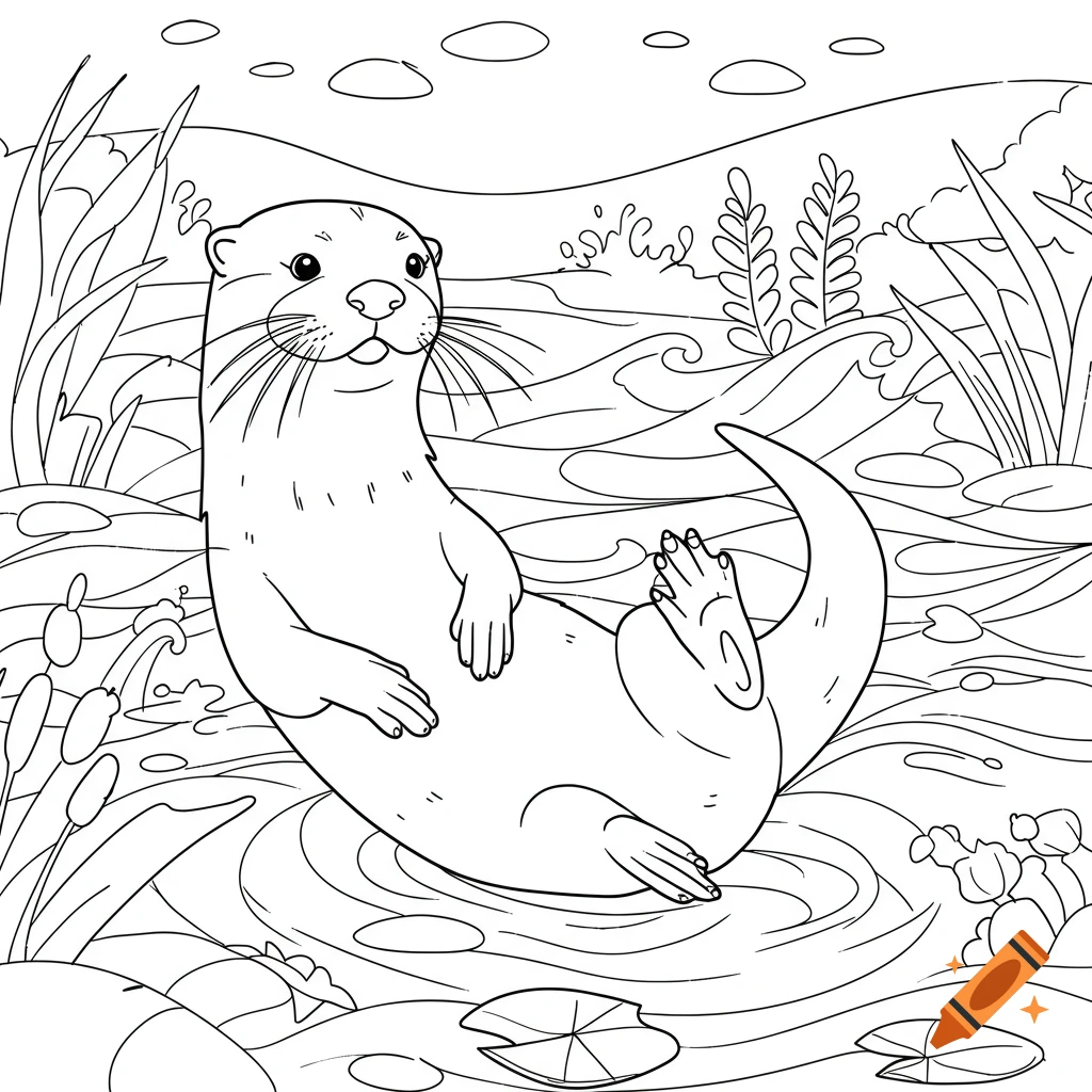 A black and white line drawing of an otter floating on its back in water, in a coloring book style.
