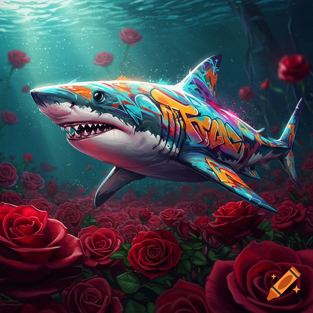 A vibrant, graffiti-painted shark swims gracefully amidst a field of red roses underwater.