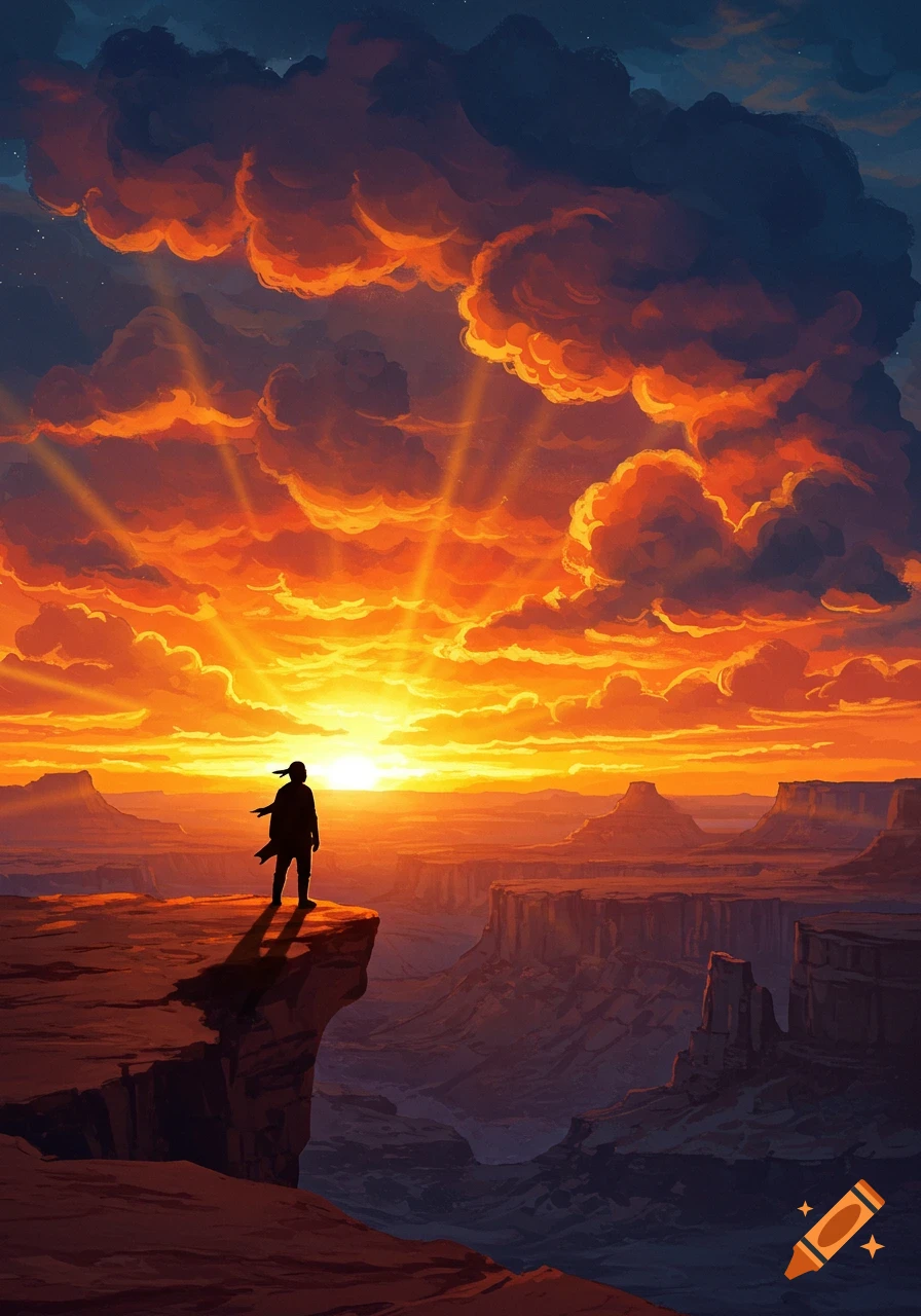 A silhouette stands on a cliff overlooking a grand canyon at a vibrant sunset with orange clouds and radiating sunbeams.
