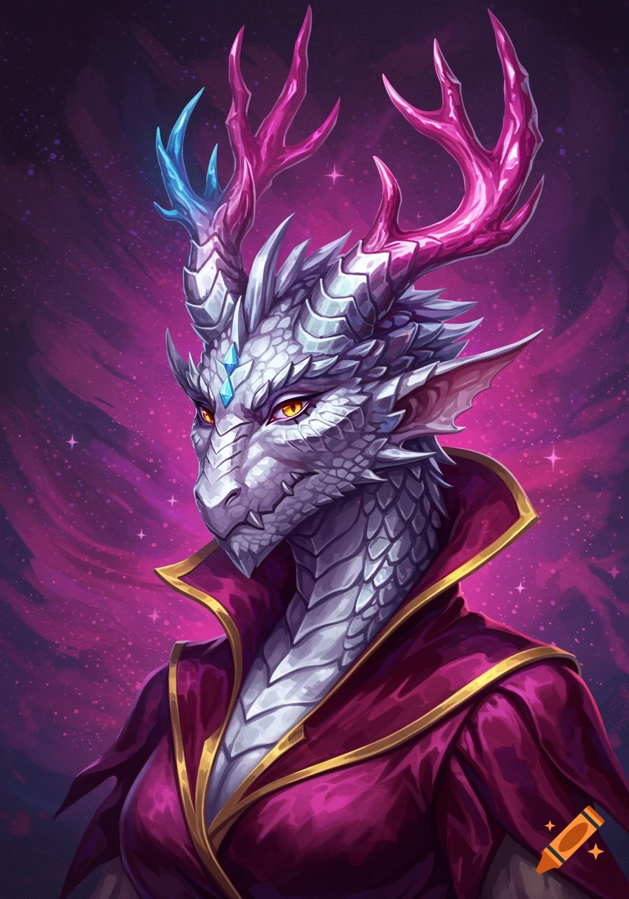 A close-up fantasy portrait of a silver-scaled Dragonborn with pink and blue horns, wearing a regal magenta robe against a starry purple background, in a semi-realistic oil painting style.
