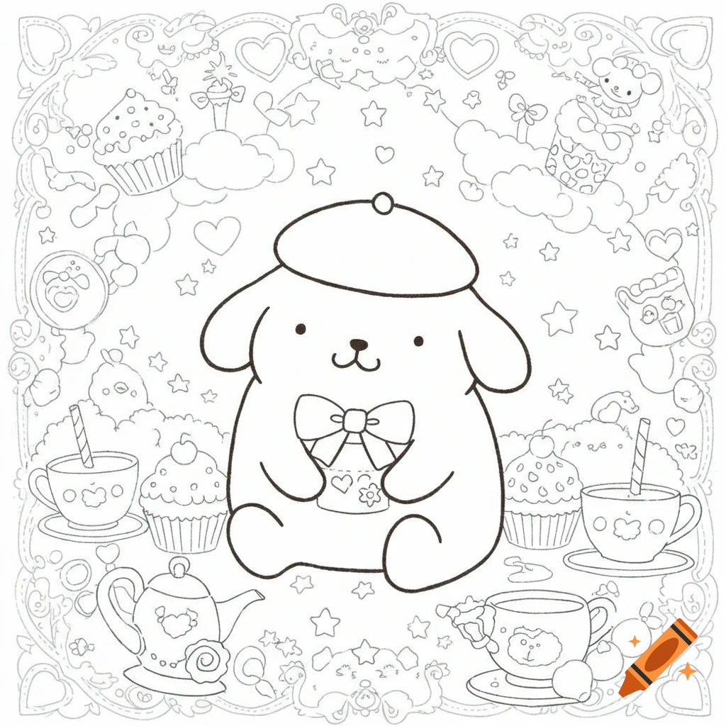 A black and white coloring page featuring Pompompurin with cupcakes, tea cups, and a teapot, surrounded by a decorative border.