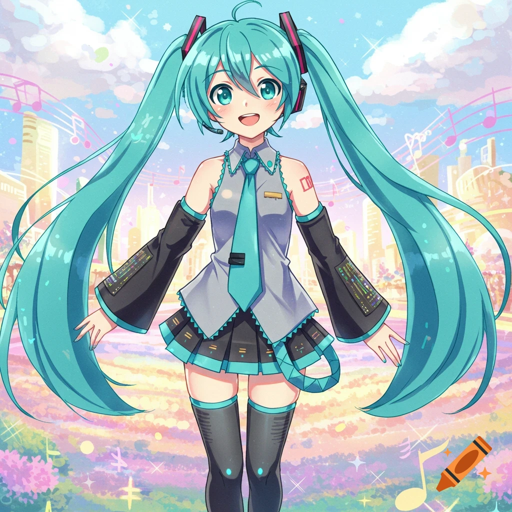 A cute anime girl with long turquoise pigtails, blue eyes, and a gray and black outfit, smiling in a bright, musical cityscape.