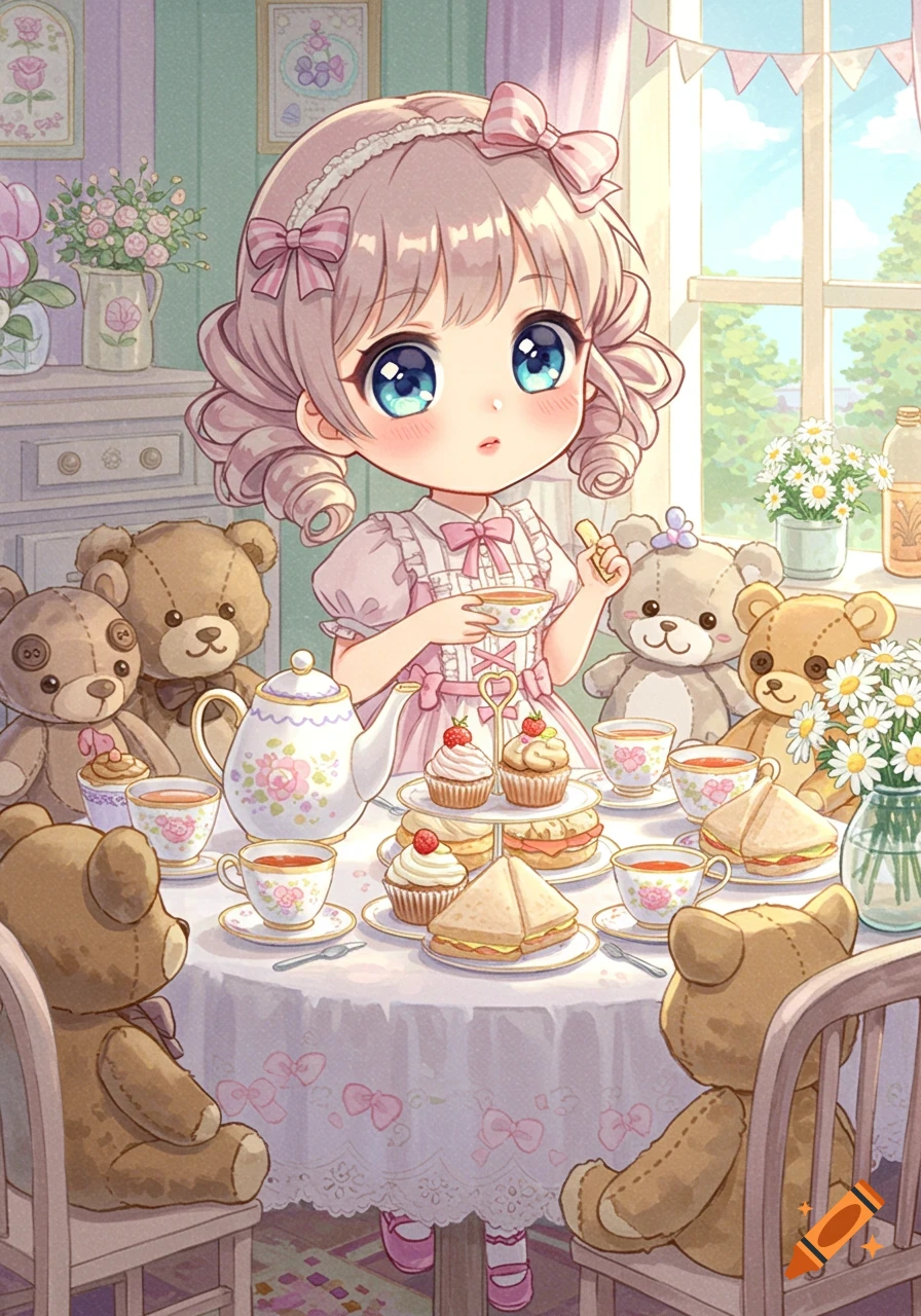 A cute anime chibi girl with pink hair sits at a table, holding a teacup, surrounded by several teddy bears at a tea party with cakes and sandwiches.