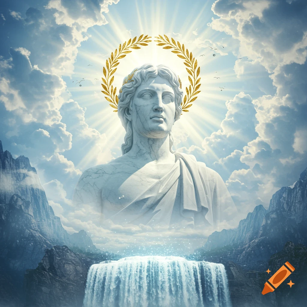 A white marble statue of a classical god-like figure with a golden wreath halo, emerging from clouds above a waterfall and mountains with sun rays.