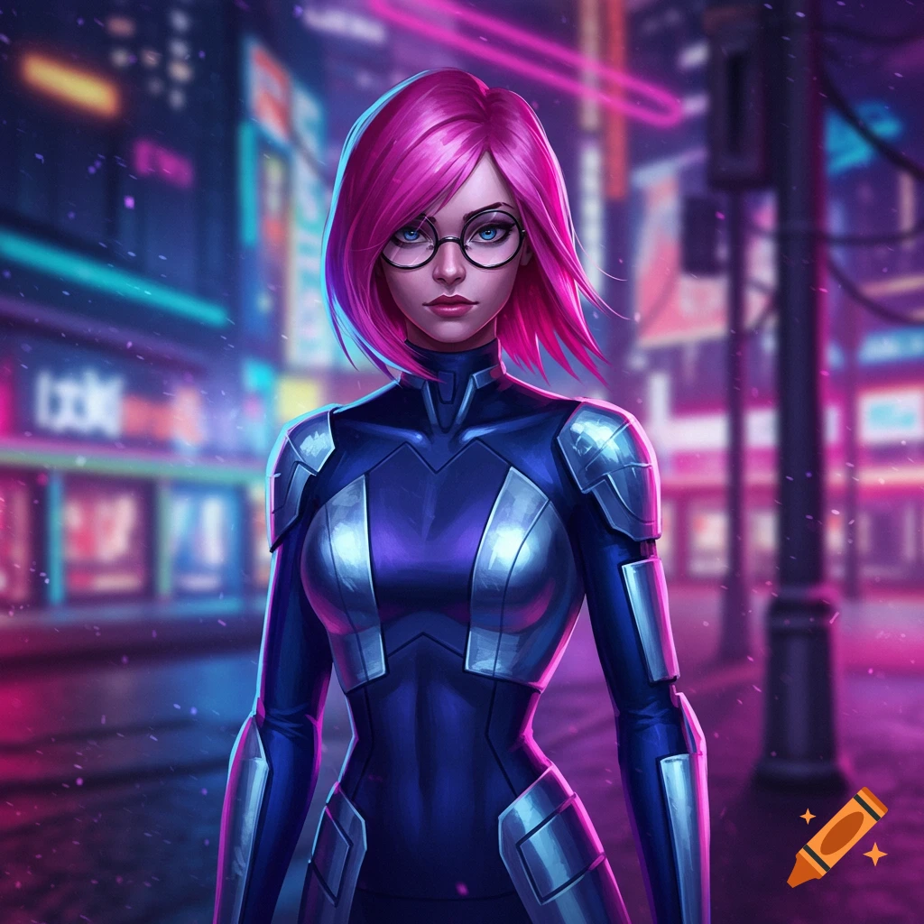 An illustrated woman with pink hair and glasses wearing a blue and silver armored suit stands in a neon-lit cyberpunk city.