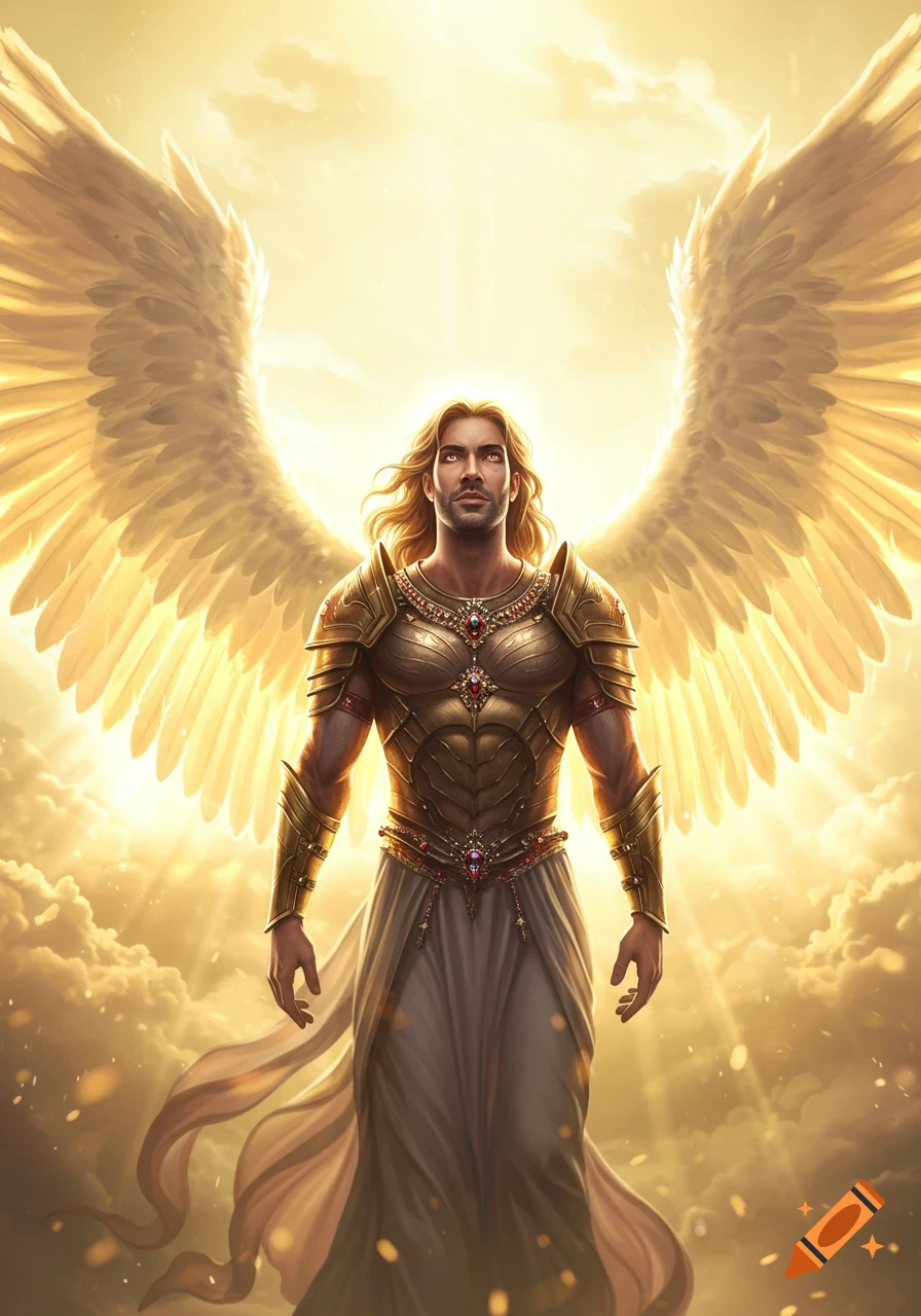 A powerful, glowing angel with golden wings and ornate armor stands against a bright, divine golden background in a cinematic style.