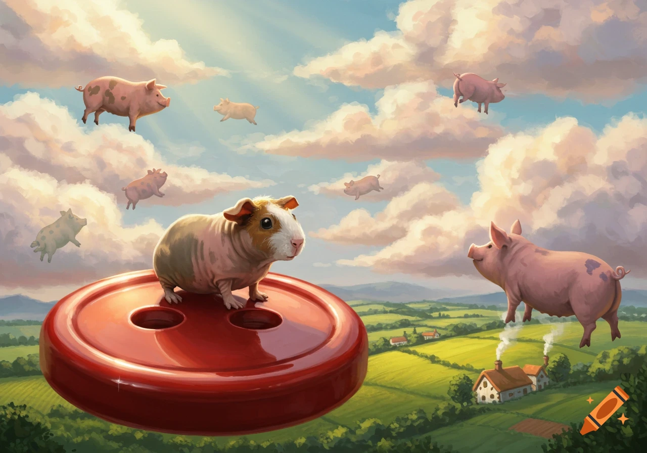 A guinea pig stands on a giant red button as pigs fly through a cloudy sky over a green countryside.