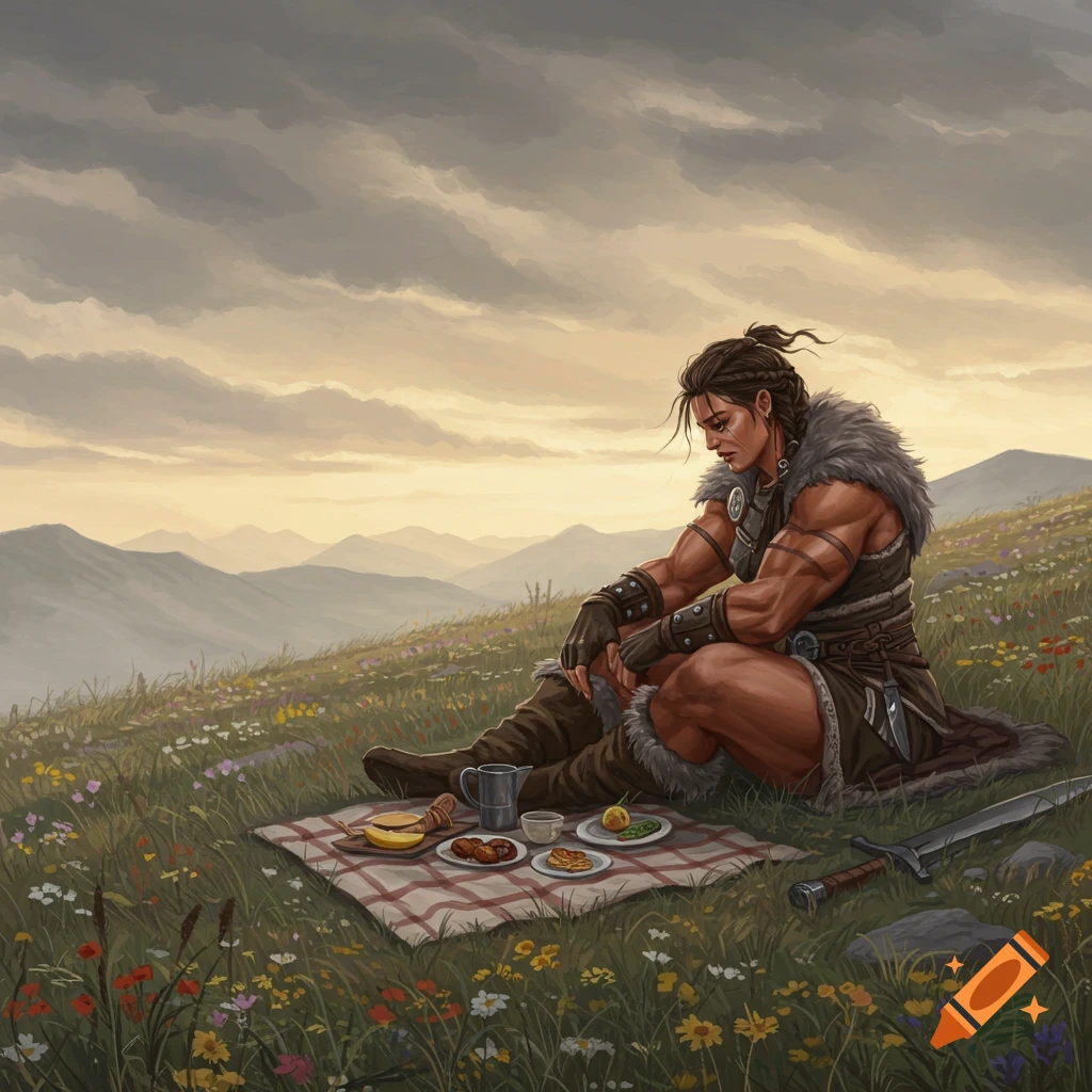 A sad muscular barbarian woman sits on a picnic blanket on a flowery hill, with mountains in the background.