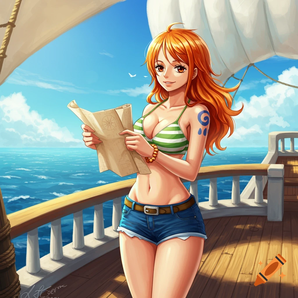 An anime character with long orange hair, wearing a striped bikini top and jean shorts, stands on a ship's deck, looking at a map. The ocean and sky are in the background.