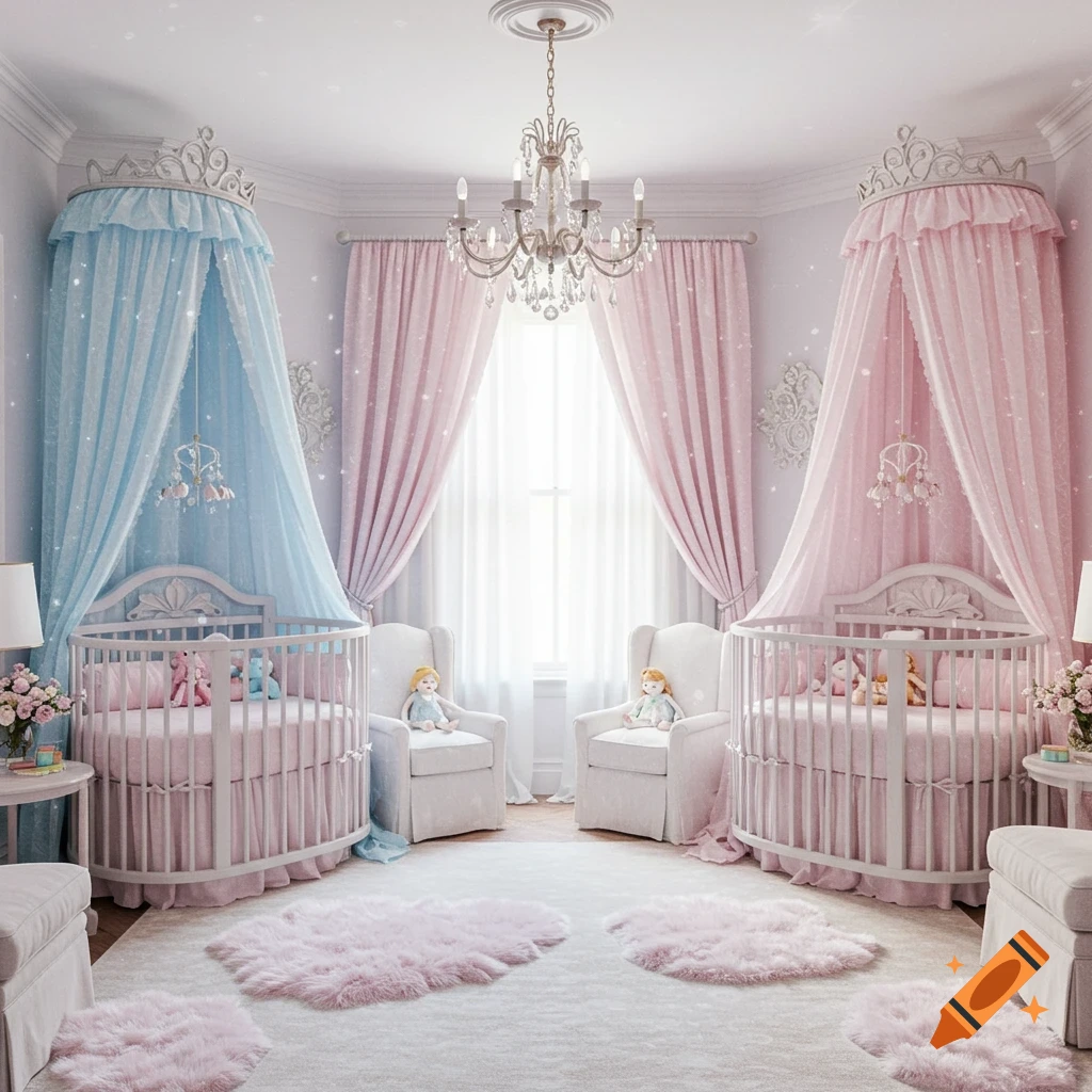 A luxurious twin nursery with blue and pink princess canopy cribs, white armchairs, pink fluffy rugs, and a crystal chandelier.