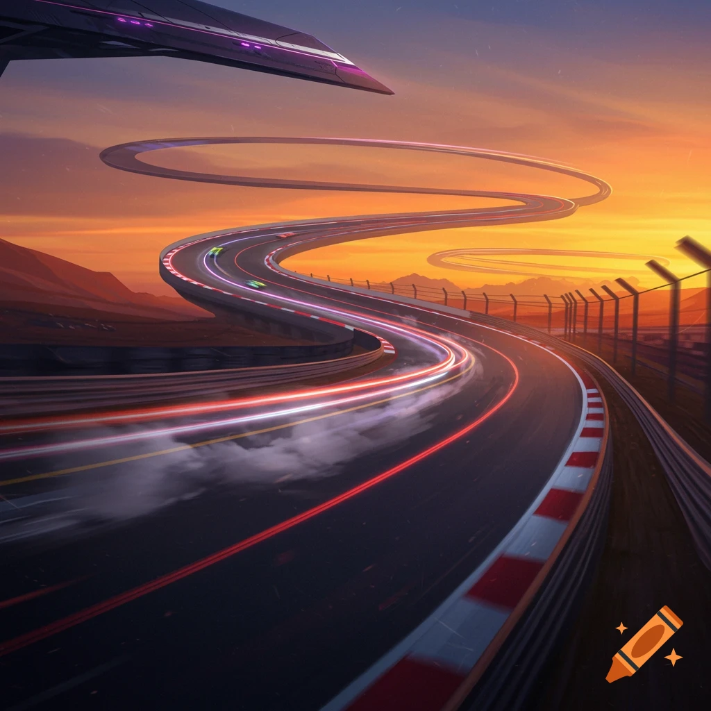 A futuristic race track with speed lines at sunset, an elevated futuristic vehicle in the sky.