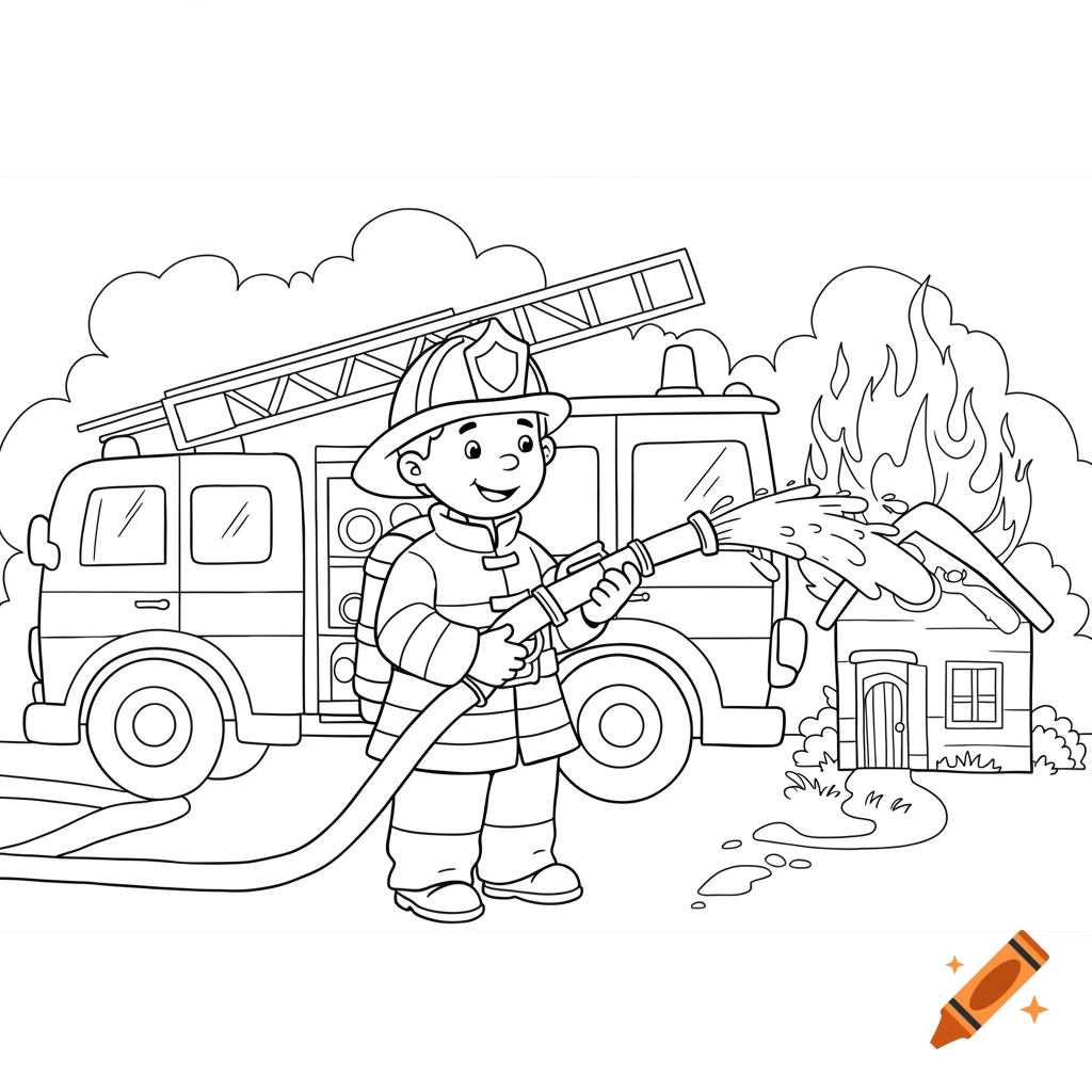 A black and white line art drawing of a smiling fireman spraying water from a hose at a burning house, with a fire engine behind him.