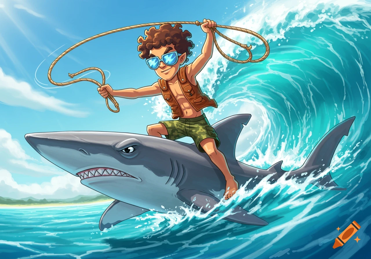 A cartoon boy with curly hair and blue sunglasses rides on the back of a large grey shark, holding a lasso, on a big ocean wave.