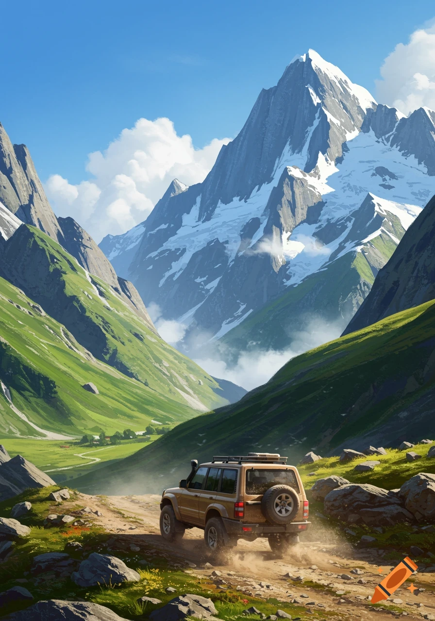 A brown off-road 4x4 vehicle drives on a dirt road through a lush green valley with majestic snow-capped mountains under a clear blue sky.