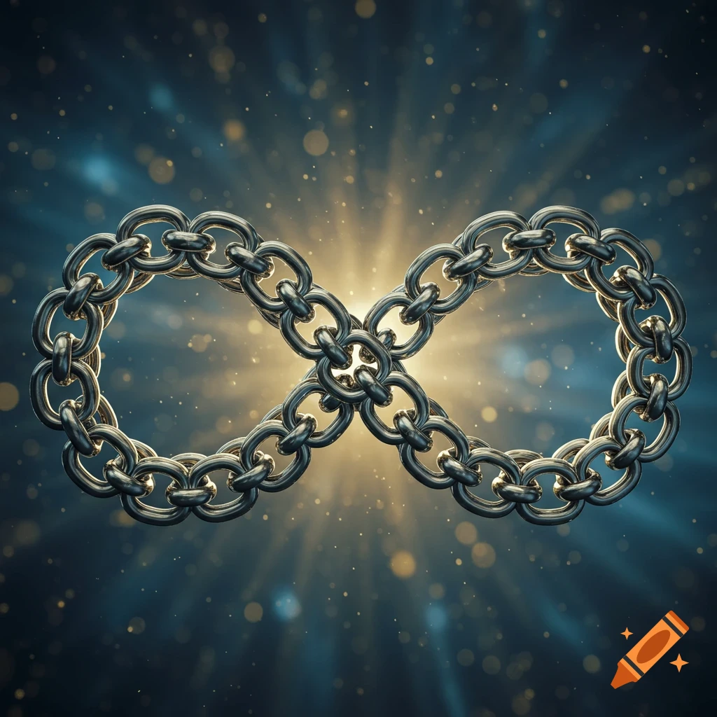 A shiny silver chain forms an infinity symbol against a dark, sparkling background with a bright light source in the center.