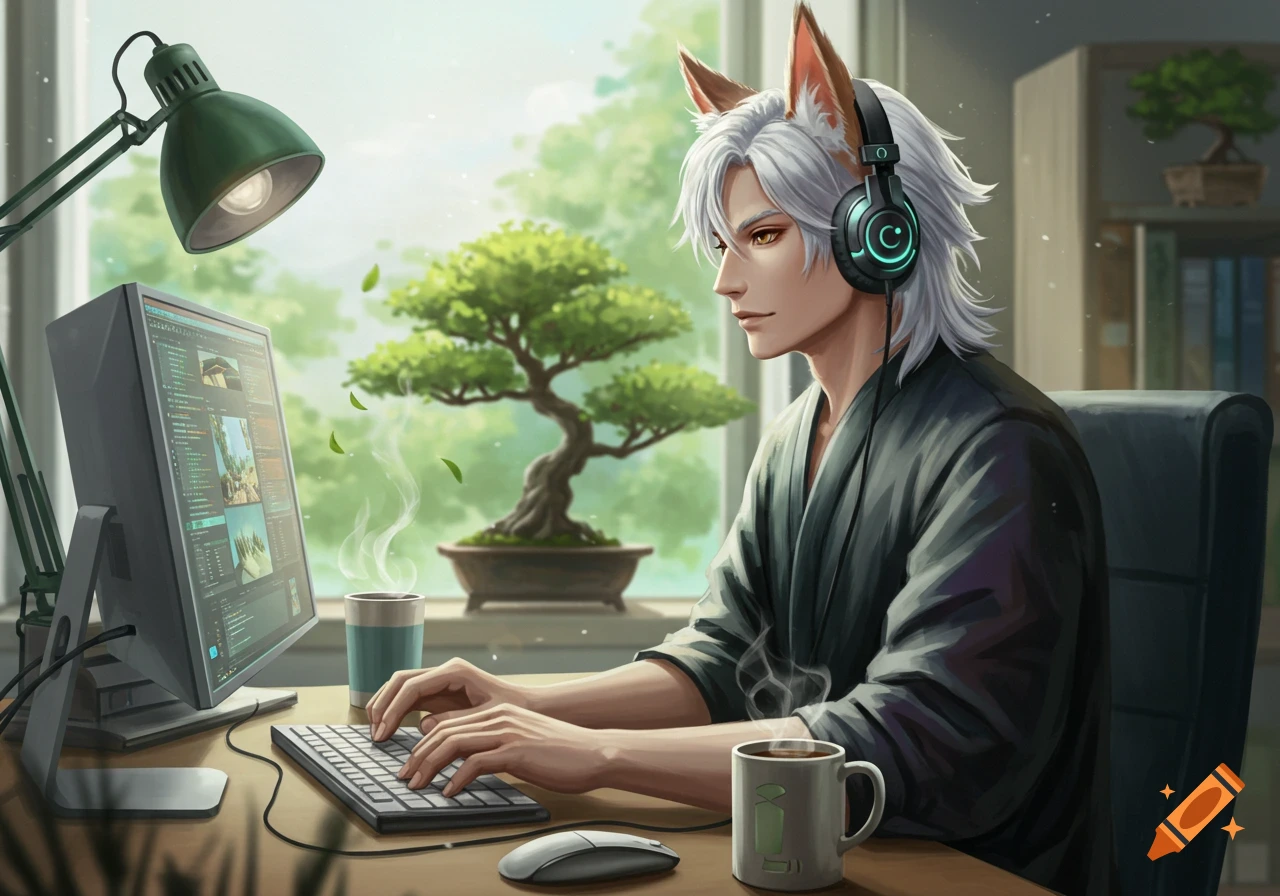 An anime male Kitsune with white hair and headphones works at a computer, with a bonsai tree in the background.