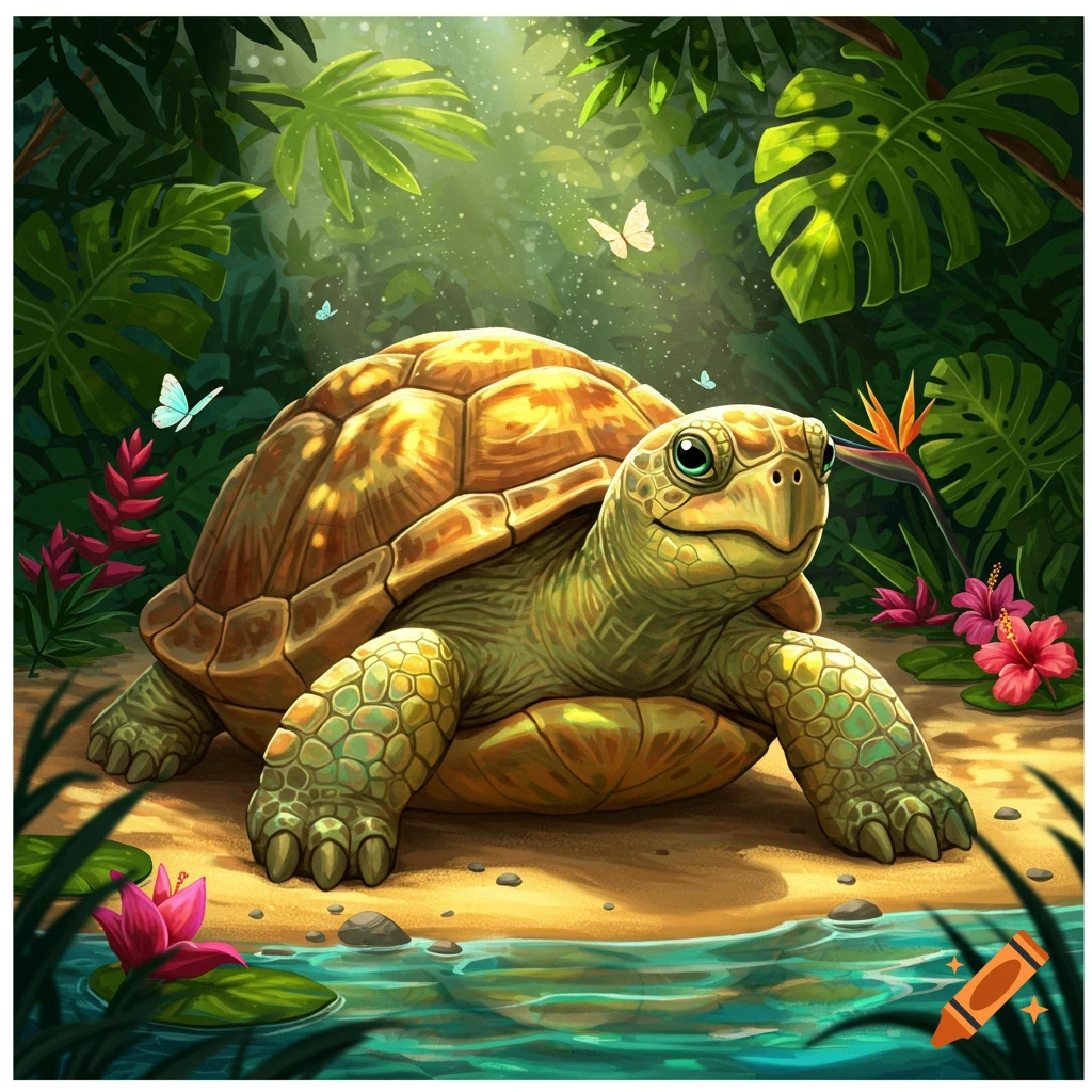 A happy cartoon turtle sits on a sandy bank in a lush, green tropical jungle with colorful flowers, butterflies, and water.