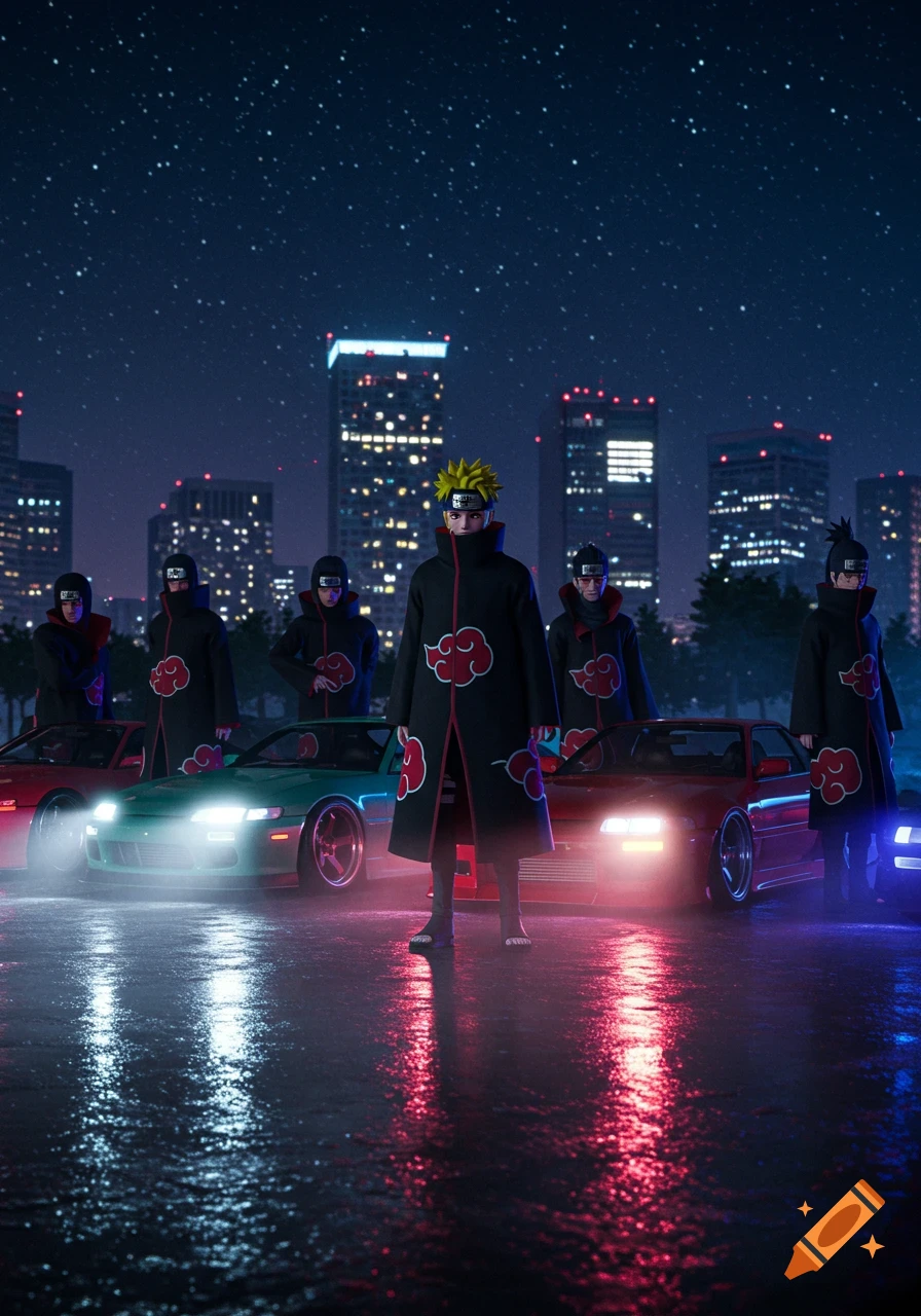 Naruto and Akatsuki members in black cloaks with red clouds stand with several souped-up cars on a wet city street at night, with city lights and stars in the background.