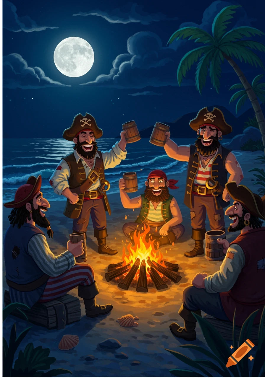 Animated pirates drinking rum around a campfire on a moonlit island beach.