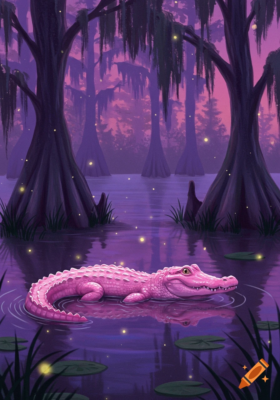 A pink alligator floats in a purple swamp at dusk, surrounded by dark cypress trees and glowing fireflies, in a vibrant illustration style.