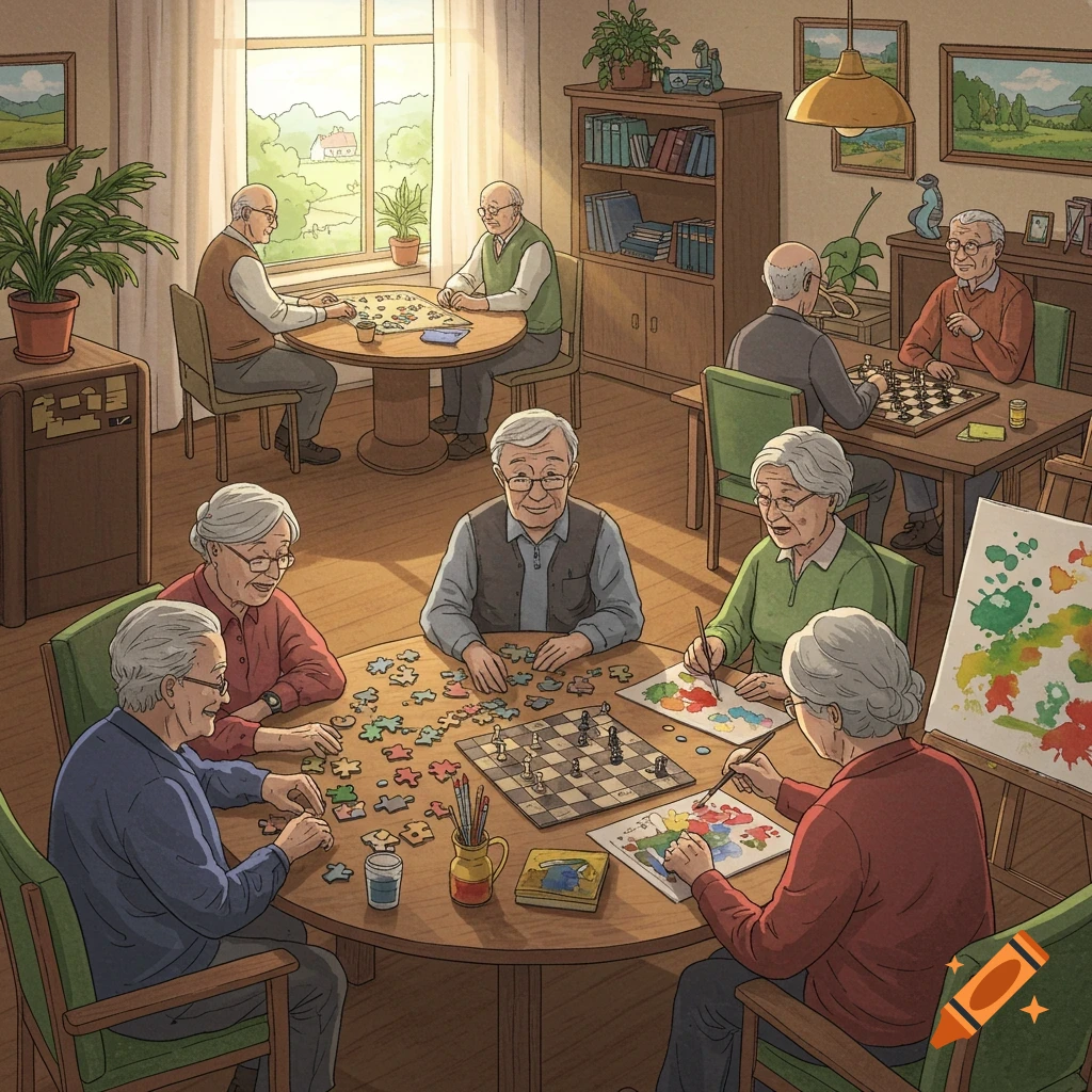 Illustrative image of older adults engaged in various activities like puzzles, chess, and painting in a community center.