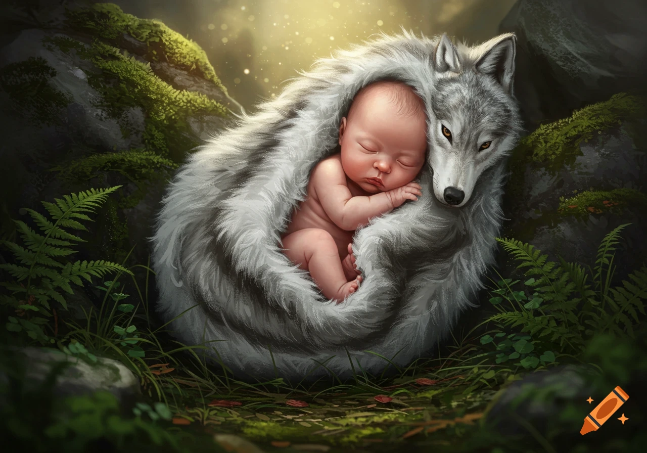 A sleeping baby curled up with a large, fluffy gray wolf in a mossy forest setting, bathed in soft light.