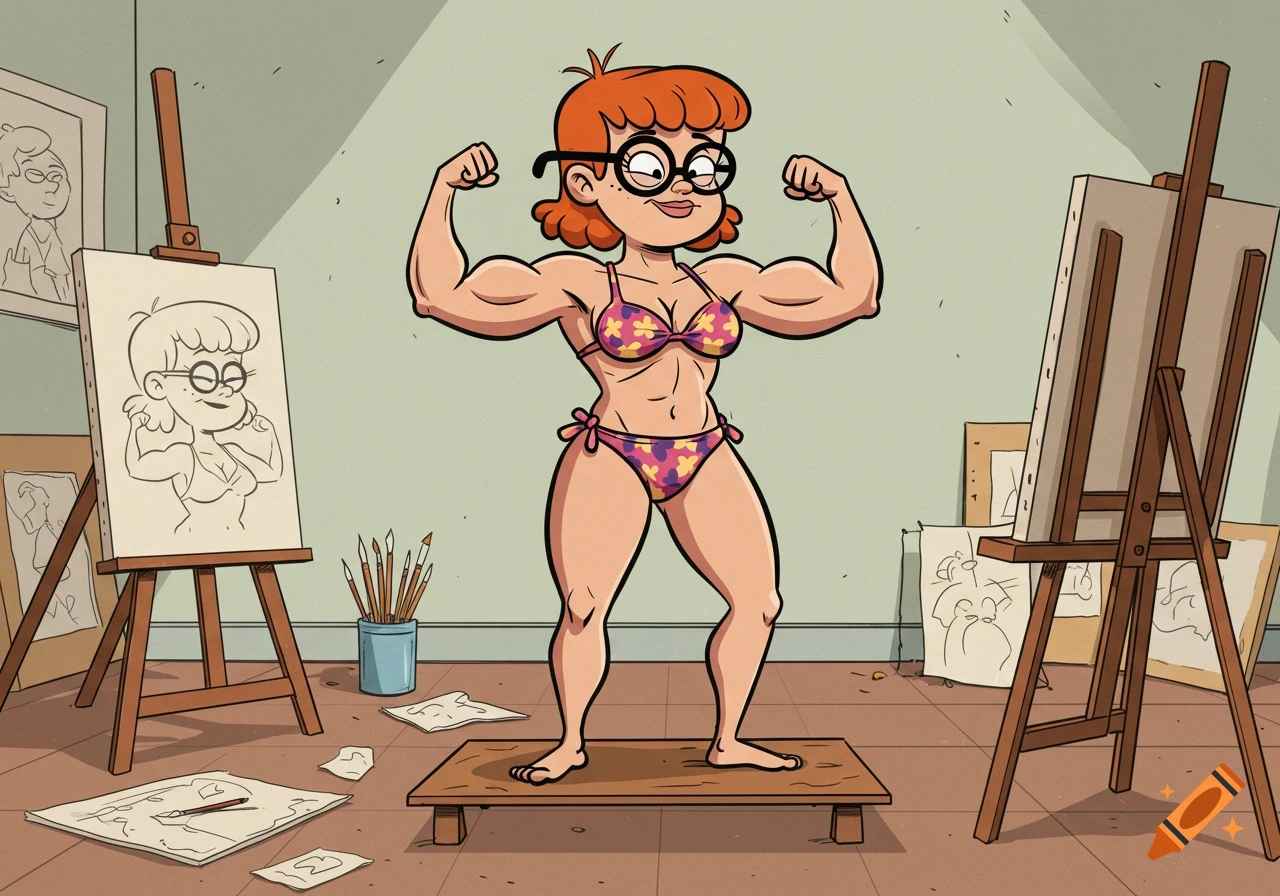 Cartoon woman with red hair and glasses in a floral bikini flexing muscles in an art studio with easels and sketches.