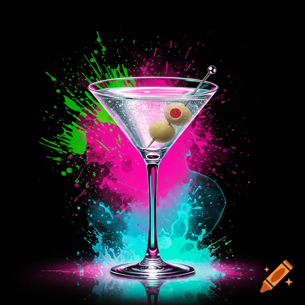 A vibrant neon illustration of a martini glass with two olives on a pick, surrounded by colorful paint splatters on a black background.
