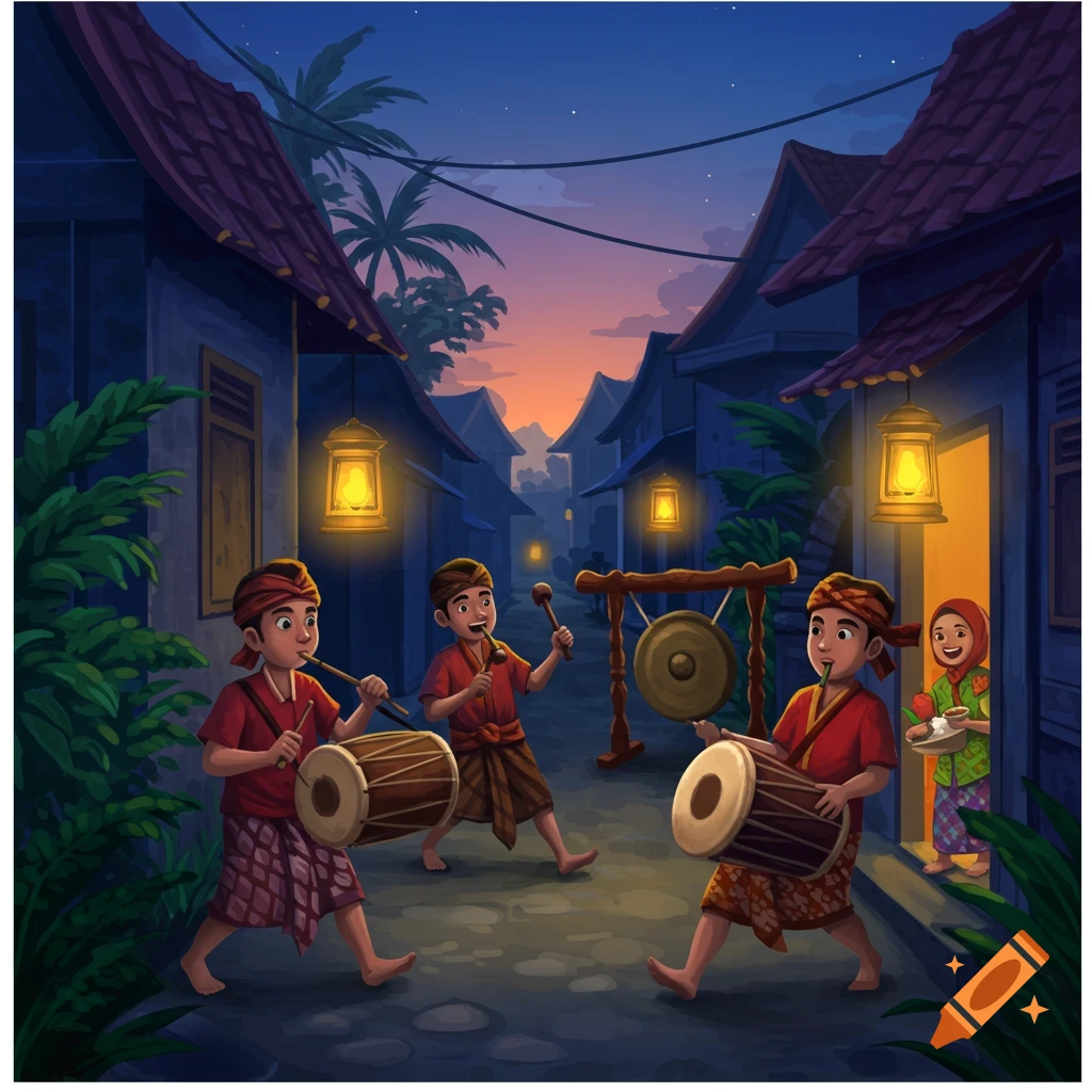Illustration of children playing traditional drums and gongs in a village street at dusk with lanterns glowing.