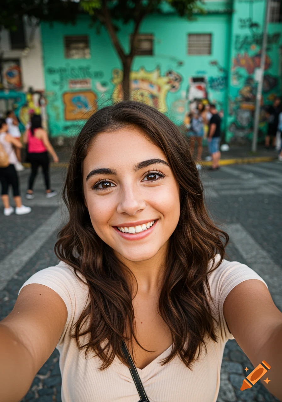 A smiling young woman takes a selfie on a city street with colorful graffiti walls behind her.