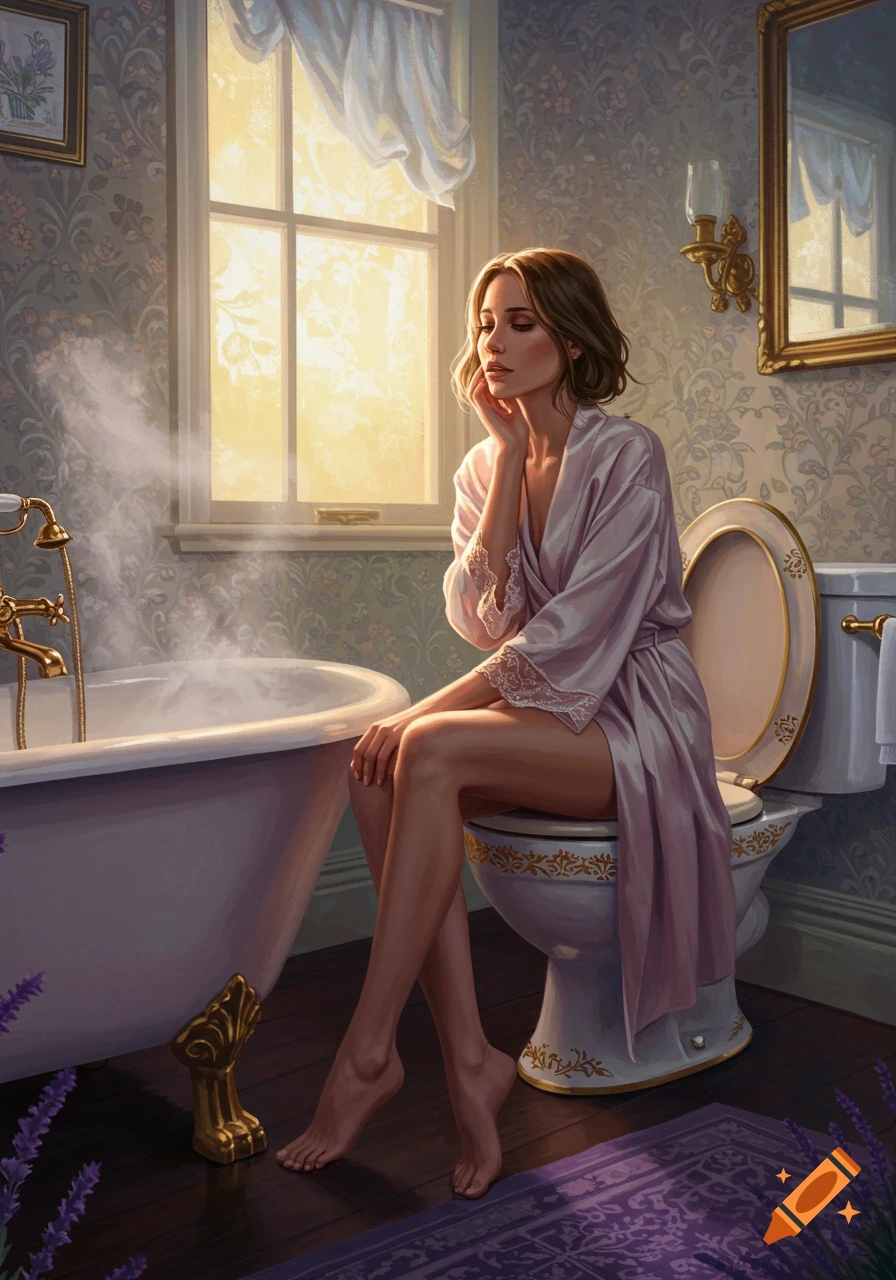 A woman in a pink robe sits on a toilet in a sunlit bathroom with a steaming bathtub, in a realistic illustration.