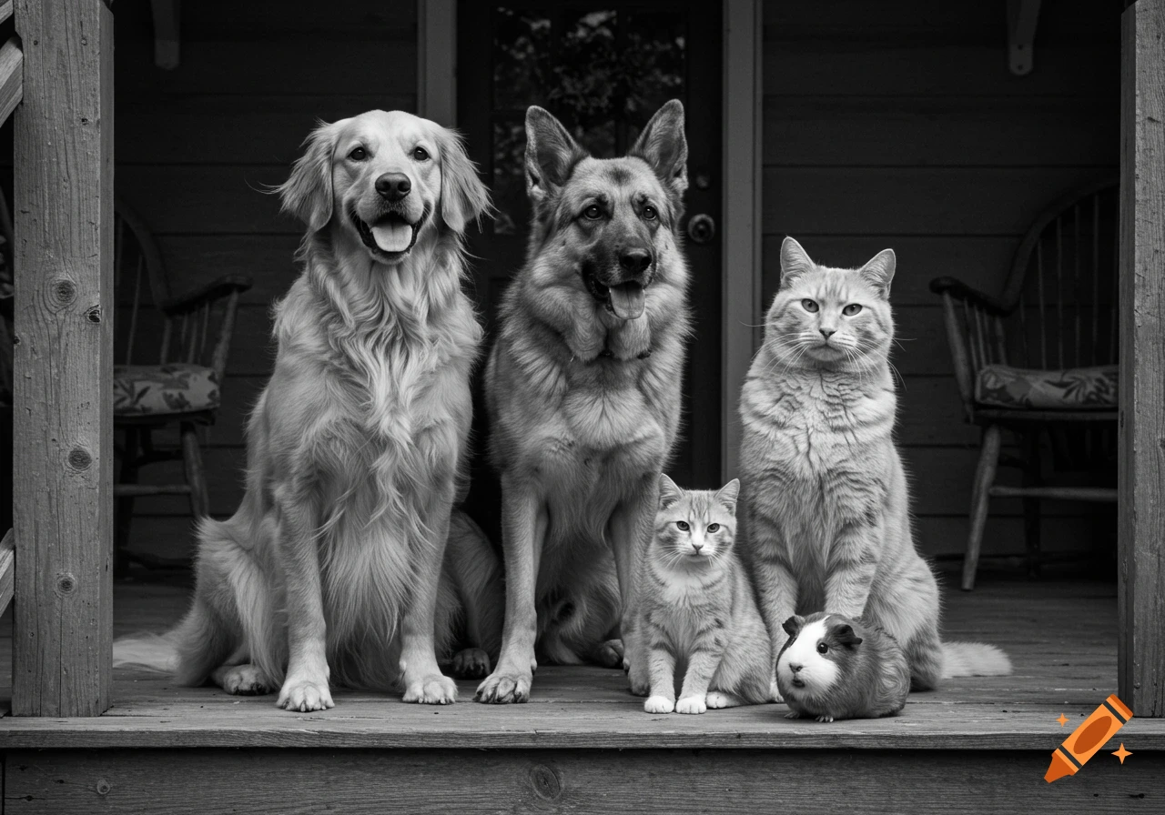 A black and white photograph of a golden retriever, German Shepherd, adult cat, kitten, and guinea pig sitting on a porch.
