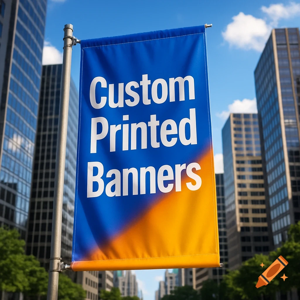 A blue and orange banner displaying 'Custom Printed Banners' hanging from a pole in a city setting with tall buildings.