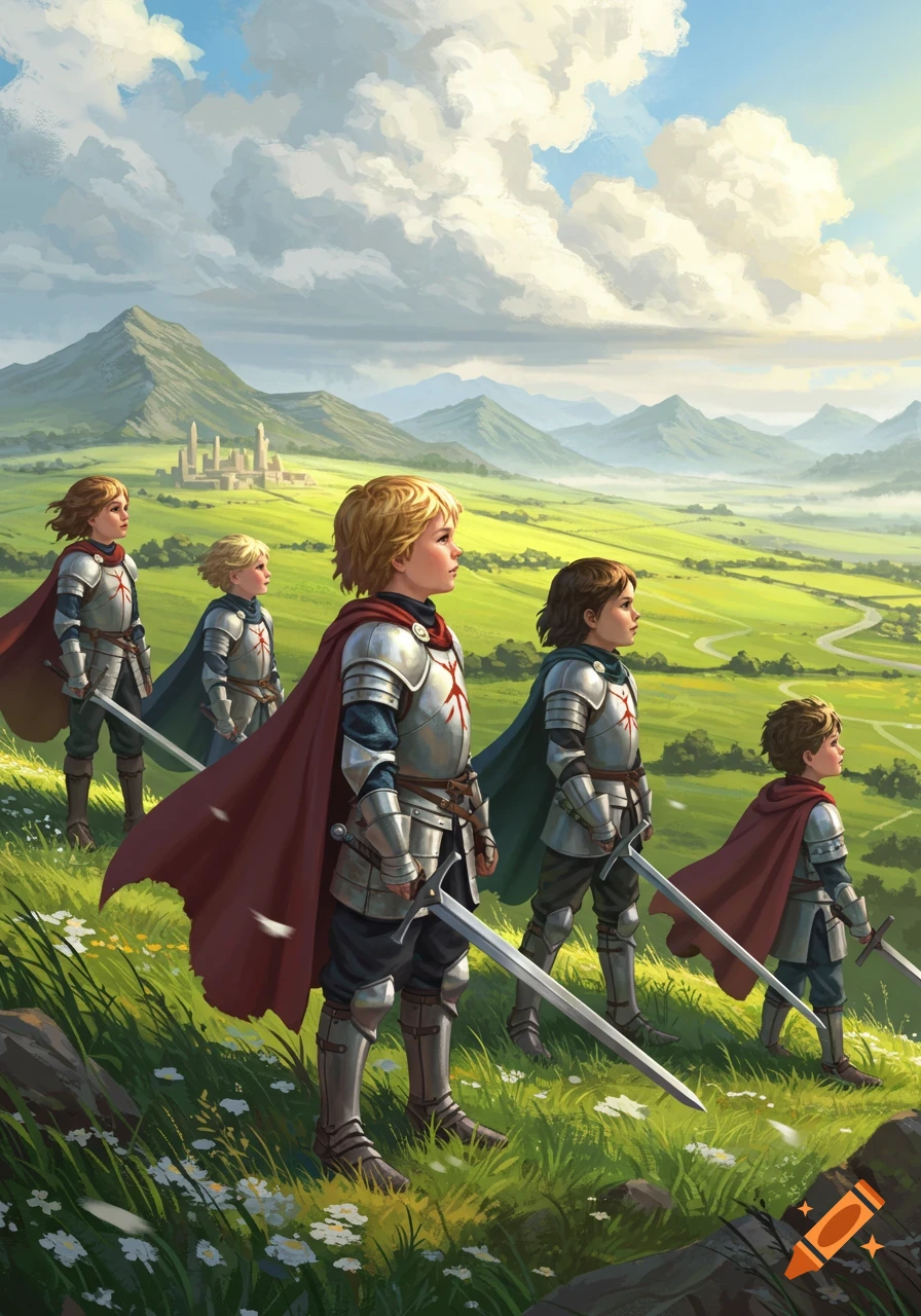 Five young children in shining armor with swords drawn stand on a grassy hill, looking towards a distant castle and green valleys under a cloudy sky.