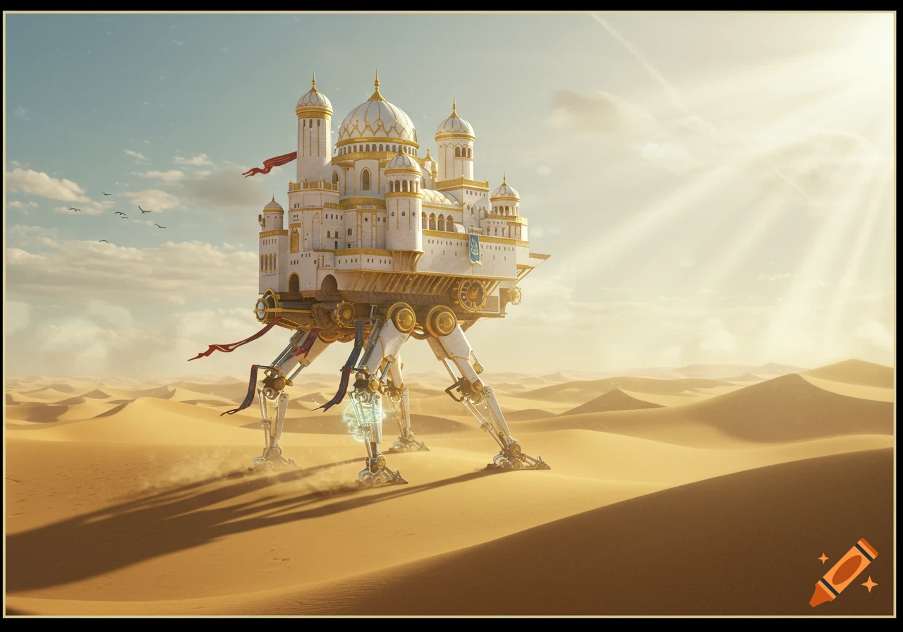 A majestic, ornate white and gold fantasy palace on large mechanical legs walks across a vast sandy desert under a sunny sky with birds flying.